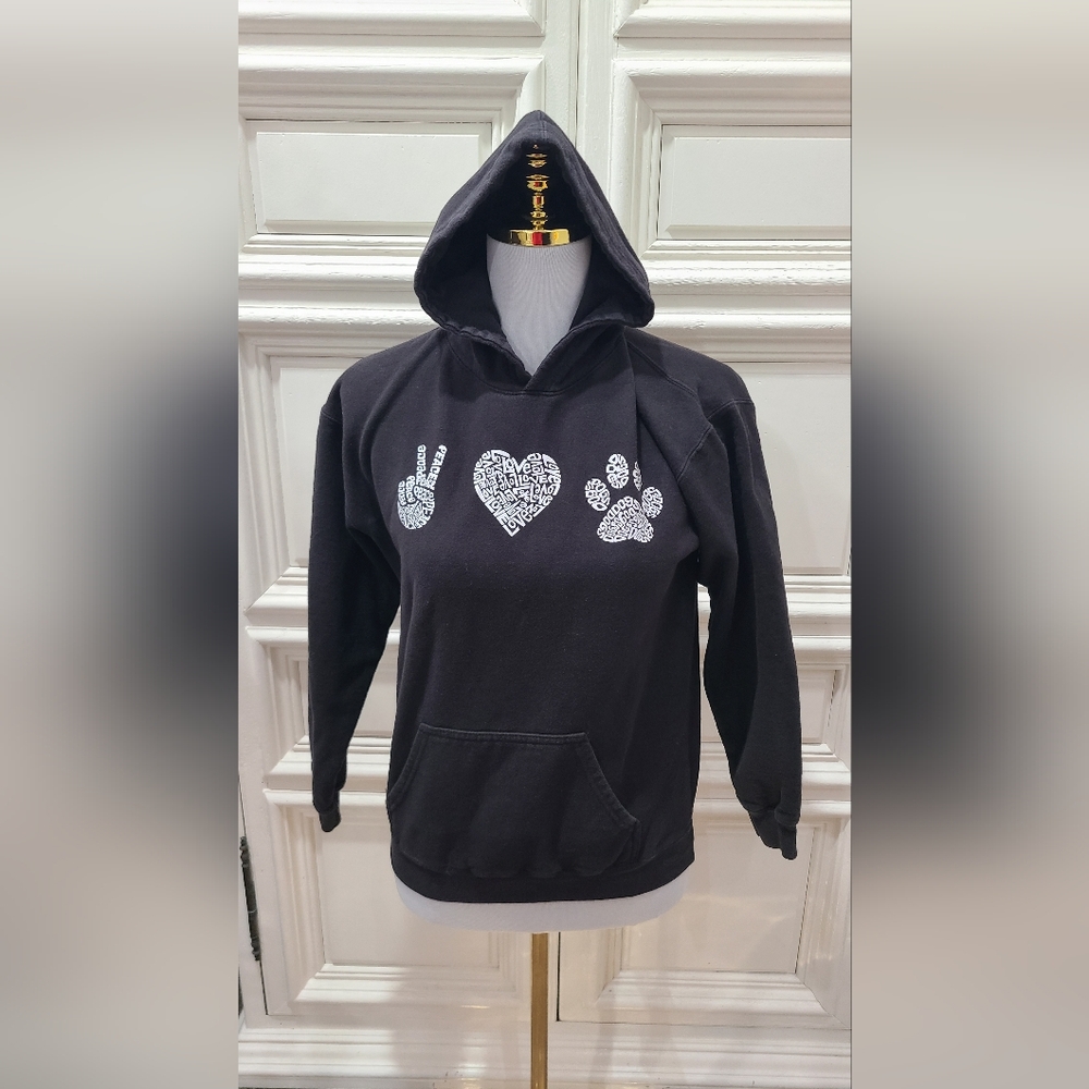 Black Pet Hoodie with Peace, Love, Paw Print Design Youth